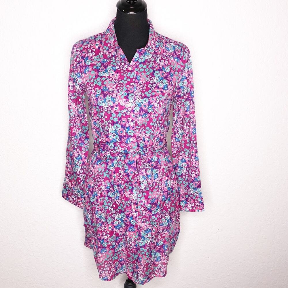 J Crew pink blue floral belted button down shirt dress size Extra Small XS